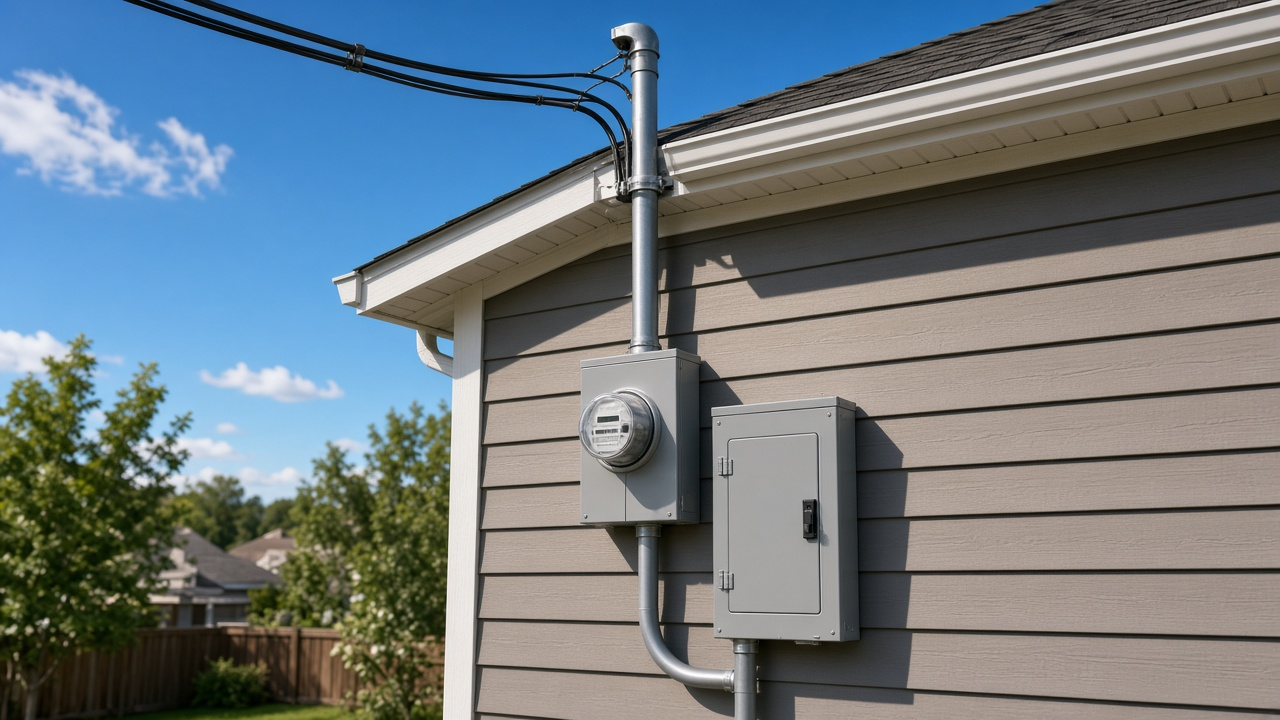 200-amp service mast, meter, and new panel